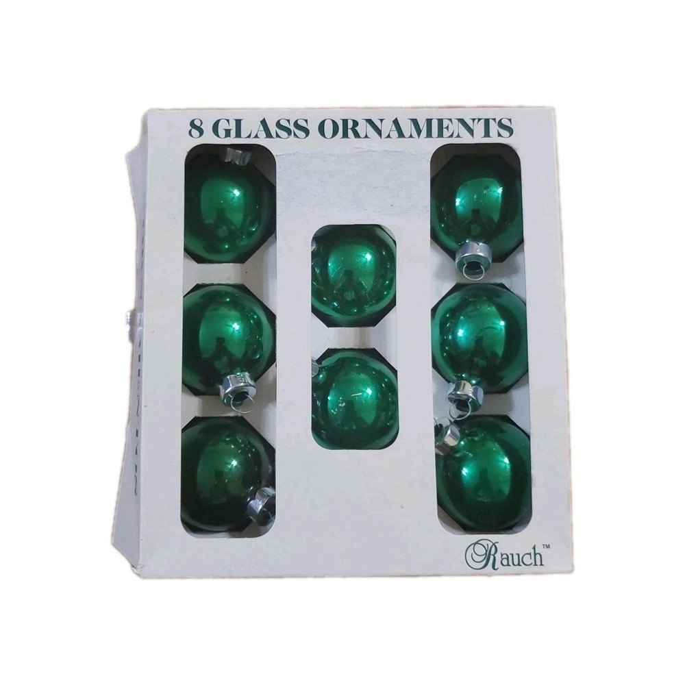Vintage Rauch Green Glass Christmas Ornaments 1.75" Set of 8